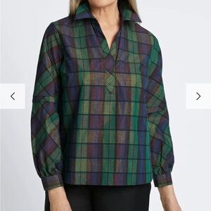 Foxcroft Frankie Popover Metallic Plaid Top - Green and Blue size Medium